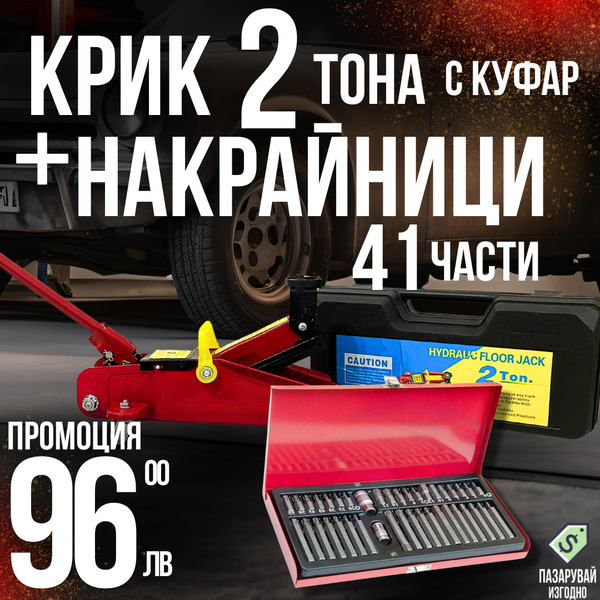 Комплект: Крик "Крокодил" 2 тона с куфар WerkBull + Накрайници RICO (41 броя)