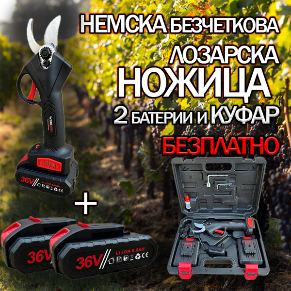 Немска Градинска Акумулаторна Безчеткова Ножица WERKBULL /36V 8Ah/ + две батерии и масло