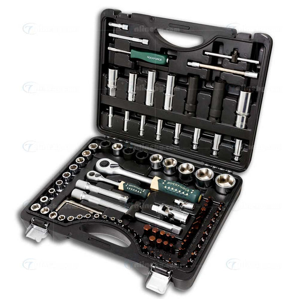 Гедоре 94 + 6 части CR-V, комплект вложки и аксесоари 1/4" и 1/2", ROCKFORCE RF-4941-5 PREMIUM – alt